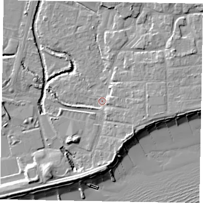 Shaded relief map of the ground around PO227AS, computed from Environment Agency LiDAR. The ground here sits at about 3 m above sea level and falls 11 m across the surrounding 800 m. Surface water reaching this point runs off ground lying to the east, 3.5 m higher.