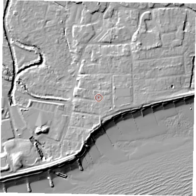 Shaded relief map of the ground around PO227AU, computed from Environment Agency LiDAR. The ground here sits at about 5 m above sea level and falls 10 m across the surrounding 800 m. Surface water reaching this point runs off ground lying to the east, 1.4 m higher.