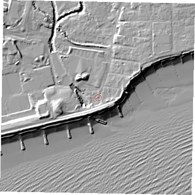 Shaded relief map of the ground around PO227AW, computed from Environment Agency LiDAR. The ground here sits at about 3 m above sea level and falls 11 m across the surrounding 800 m. Surface water reaching this point runs off ground lying to the south-south-west, 3.9 m higher.