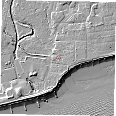 Shaded relief map of the ground around PO227AY, computed from Environment Agency LiDAR. The ground here sits at about 5 m above sea level and falls 11 m across the surrounding 800 m. Surface water reaching this point runs off ground lying to the east, 2.1 m higher.