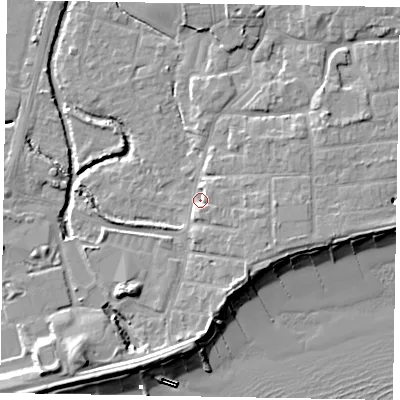 Shaded relief map of the ground around PO227AZ, computed from Environment Agency LiDAR. The ground here sits at about 2 m above sea level and falls 11 m across the surrounding 800 m. Surface water reaching this point runs off ground lying to the east, 4.1 m higher.