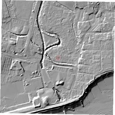 Shaded relief map of the ground around PO227BD, computed from Environment Agency LiDAR. The ground here sits at about 2 m above sea level and falls 11 m across the surrounding 800 m. The ground contributing surface water to this point lies to the west-north-west.