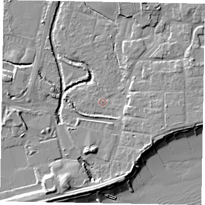 Shaded relief map of the ground around PO227BE, computed from Environment Agency LiDAR. The ground here sits at about 2 m above sea level and falls 11 m across the surrounding 800 m. Surface water reaching this point runs off ground lying to the east, 4.5 m higher.