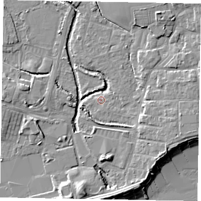 Shaded relief map of the ground around PO227BH, computed from Environment Agency LiDAR. The ground here sits at about 2 m above sea level and falls 10 m across the surrounding 800 m. Surface water reaching this point runs off ground lying to the east-north-east, 1.1 m higher.