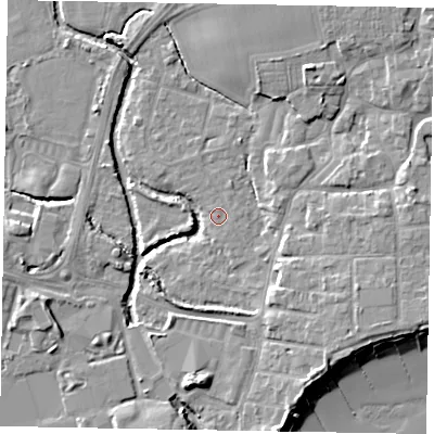 Shaded relief map of the ground around PO227BL, computed from Environment Agency LiDAR. The ground here sits at about 2 m above sea level and falls 9 m across the surrounding 800 m. The ground contributing surface water to this point lies to the east.