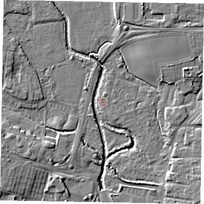 Shaded relief map of the ground around PO227BN, computed from Environment Agency LiDAR. The ground here sits at about 2 m above sea level and falls 7 m across the surrounding 800 m. Surface water reaching this point runs off ground lying to the north-east, 6.5 m higher.