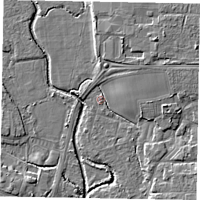 Shaded relief map of the ground around PO227BP, computed from Environment Agency LiDAR. The ground here sits at about 2 m above sea level and falls 8 m across the surrounding 800 m. Surface water reaching this point runs off ground lying to the north-east, 2.0 m higher.