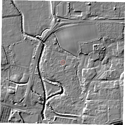 Shaded relief map of the ground around PO227BS, computed from Environment Agency LiDAR. The ground here sits at about 2 m above sea level and falls 8 m across the surrounding 800 m. Surface water reaching this point runs off ground lying to the east-north-east, 5.6 m higher.