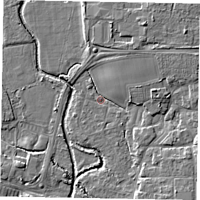 Shaded relief map of the ground around PO227BT, computed from Environment Agency LiDAR. The ground here sits at about 2 m above sea level and falls 8 m across the surrounding 800 m. Surface water reaching this point runs off ground lying to the north-north-east, 6.8 m higher.