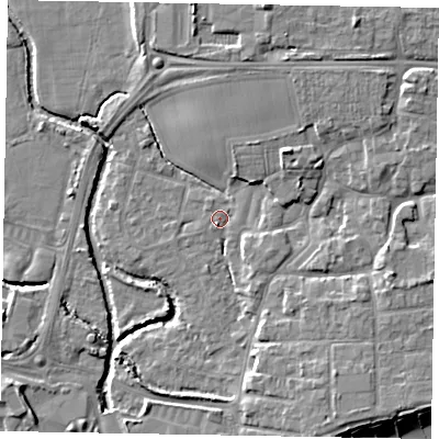 Shaded relief map of the ground around PO227BU, computed from Environment Agency LiDAR. The ground here sits at about 2 m above sea level and falls 8 m across the surrounding 800 m. Surface water reaching this point runs off ground lying to the east-south-east, 4.7 m higher.