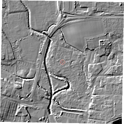 Shaded relief map of the ground around PO227BW, computed from Environment Agency LiDAR. The ground here sits at about 2 m above sea level and falls 7 m across the surrounding 800 m. Surface water reaching this point runs off ground lying to the east-south-east, 0.5 m higher.