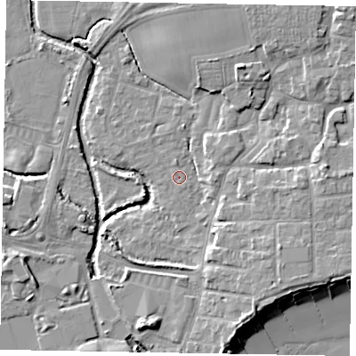 Shaded relief map of the ground around PO227BX, computed from Environment Agency LiDAR. The ground here sits at about 2 m above sea level and falls 9 m across the surrounding 800 m. Surface water reaching this point runs off ground lying to the east, 4.7 m higher.