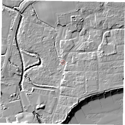 Shaded relief map of the ground around PO227DA, computed from Environment Agency LiDAR. The ground here sits at about 3 m above sea level and falls 9 m across the surrounding 800 m. Surface water reaching this point runs off ground lying to the east, 4.2 m higher.