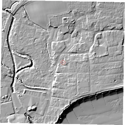 Shaded relief map of the ground around PO227DF, computed from Environment Agency LiDAR. The ground here sits at about 3 m above sea level and falls 9 m across the surrounding 800 m. Surface water reaching this point runs off ground lying to the east, 1.7 m higher.