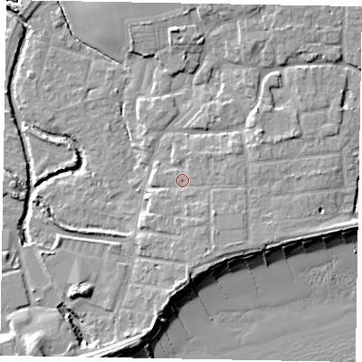 Shaded relief map of the ground around PO227DJ, computed from Environment Agency LiDAR. The ground here sits at about 4 m above sea level and falls 10 m across the surrounding 800 m. Surface water reaching this point runs off ground lying to the south-east, 2.2 m higher.