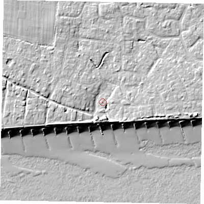Shaded relief map of the ground around PO227DU, computed from Environment Agency LiDAR. The ground here sits at about 4 m above sea level and falls 9 m across the surrounding 800 m. Surface water reaching this point runs off ground lying to the west, 3.9 m higher.