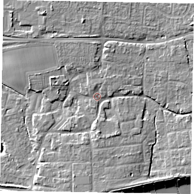 Shaded relief map of the ground around PO227DX, computed from Environment Agency LiDAR. The ground here sits at about 4 m above sea level and falls 8 m across the surrounding 800 m. Surface water reaching this point runs off ground lying to the south, 3.3 m higher.