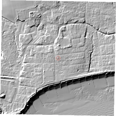 Shaded relief map of the ground around PO227ED, computed from Environment Agency LiDAR. The ground here sits at about 5 m above sea level and falls 9 m across the surrounding 800 m. Surface water reaching this point runs off ground lying to the north, 0.6 m higher.
