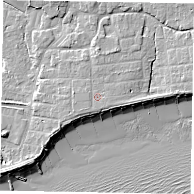 Shaded relief map of the ground around PO227EE, computed from Environment Agency LiDAR. The ground here sits at about 5 m above sea level and falls 9 m across the surrounding 800 m. Surface water reaching this point runs off ground lying to the south-west, 1.1 m higher.