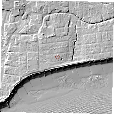 Shaded relief map of the ground around PO227EF, computed from Environment Agency LiDAR. The ground here sits at about 5 m above sea level and falls 9 m across the surrounding 800 m. Surface water reaching this point runs off ground lying to the south-west, 1.1 m higher.
