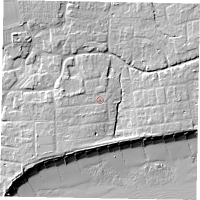 Shaded relief map of the ground around PO227EG, computed from Environment Agency LiDAR. The ground here sits at about 5 m above sea level and falls 9 m across the surrounding 800 m. Surface water reaching this point runs off ground lying to the west, 1.1 m higher.