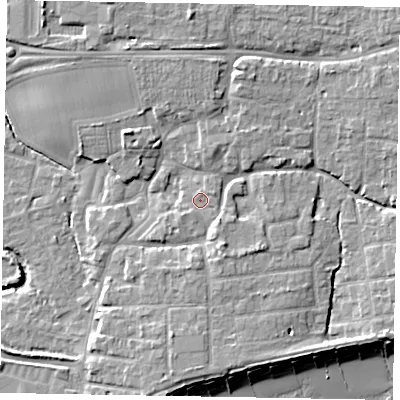 Shaded relief map of the ground around PO227EH, computed from Environment Agency LiDAR. The ground here sits at about 4 m above sea level and falls 9 m across the surrounding 800 m. Surface water reaching this point runs off ground lying to the east-north-east, 1.3 m higher.