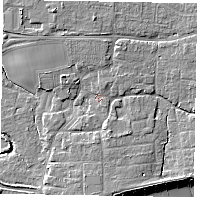 Shaded relief map of the ground around PO227EJ, computed from Environment Agency LiDAR. The ground here sits at about 4 m above sea level and falls 9 m across the surrounding 800 m. Surface water reaching this point runs off ground lying to the south-east, 1.5 m higher.