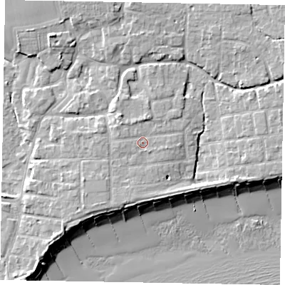Shaded relief map of the ground around PO227EQ, computed from Environment Agency LiDAR. The ground here sits at about 5 m above sea level and falls 9 m across the surrounding 800 m. Surface water reaching this point runs off ground lying to the west-north-west, 0.7 m higher.
