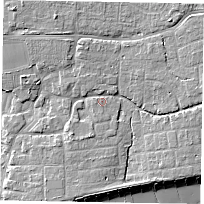 Shaded relief map of the ground around PO227ET, computed from Environment Agency LiDAR. The ground here sits at about 5 m above sea level and falls 9 m across the surrounding 800 m. Surface water reaching this point runs off ground lying to the north-east, 5.4 m higher.