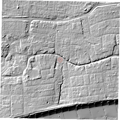 Shaded relief map of the ground around PO227EU, computed from Environment Agency LiDAR. The ground here sits at about 3 m above sea level and falls 10 m across the surrounding 800 m. Surface water reaching this point runs off ground lying to the east-north-east, 4.4 m higher.