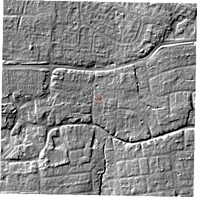 Shaded relief map of the ground around PO227EX, computed from Environment Agency LiDAR. The ground here sits at about 5 m above sea level and falls 5 m across the surrounding 800 m. Surface water reaching this point runs off ground lying to the north-east, 3.7 m higher.
