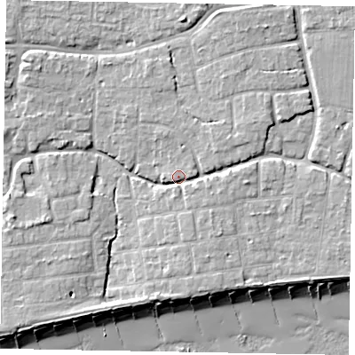 Shaded relief map of the ground around PO227HD, computed from Environment Agency LiDAR. The ground here sits at about 5 m above sea level and falls 10 m across the surrounding 800 m. Surface water reaching this point runs off ground lying to the north-north-east, 3.9 m higher.