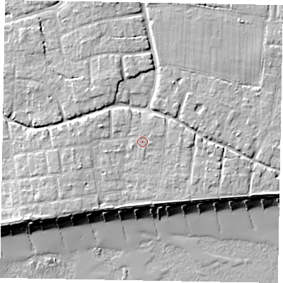 Shaded relief map of the ground around PO227JA, computed from Environment Agency LiDAR. The ground here sits at about 6 m above sea level and falls 10 m across the surrounding 800 m. Surface water reaching this point runs off ground lying to the east-north-east, 0.5 m higher.