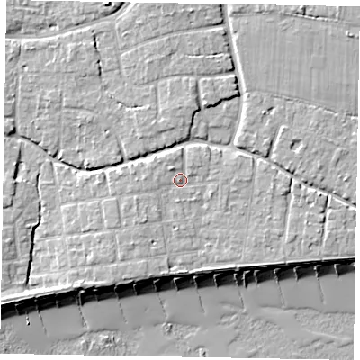 Shaded relief map of the ground around PO227JE, computed from Environment Agency LiDAR. The ground here sits at about 6 m above sea level and falls 10 m across the surrounding 800 m. Surface water reaching this point runs off ground lying to the north-west, 1.7 m higher.
