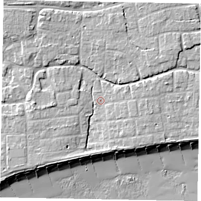 Shaded relief map of the ground around PO227JF, computed from Environment Agency LiDAR. The ground here sits at about 4 m above sea level and falls 9 m across the surrounding 800 m. Surface water reaching this point runs off ground lying to the east-north-east, 4.4 m higher.