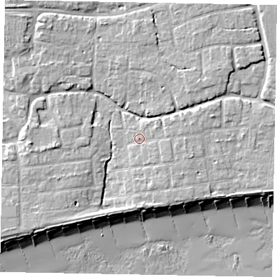 Shaded relief map of the ground around PO227JG, computed from Environment Agency LiDAR. The ground here sits at about 4 m above sea level and falls 9 m across the surrounding 800 m. Surface water reaching this point runs off ground lying to the south-east, 4.0 m higher.