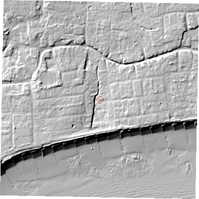 Shaded relief map of the ground around PO227JL, computed from Environment Agency LiDAR. The ground here sits at about 3 m above sea level and falls 9 m across the surrounding 800 m. Surface water reaching this point runs off ground lying to the east, 4.0 m higher.