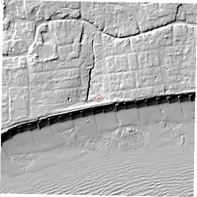 Shaded relief map of the ground around PO227JP, computed from Environment Agency LiDAR. The ground here sits at about 4 m above sea level and falls 9 m across the surrounding 800 m. Surface water reaching this point runs off ground lying to the east-north-east, 3.2 m higher.