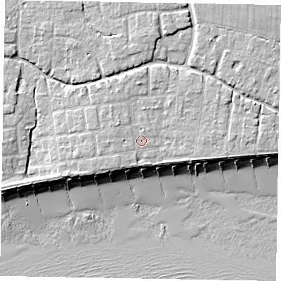 Shaded relief map of the ground around PO227JT, computed from Environment Agency LiDAR. The ground here sits at about 5 m above sea level and falls 9 m across the surrounding 800 m. Surface water reaching this point runs off ground lying to the south, 1.4 m higher.