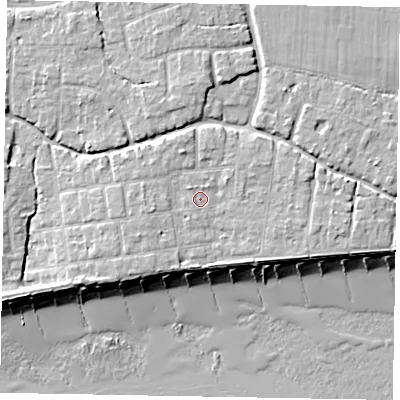 Shaded relief map of the ground around PO227JX, computed from Environment Agency LiDAR. The ground here sits at about 5 m above sea level and falls 9 m across the surrounding 800 m. Surface water reaching this point runs off ground lying to the south, 1.4 m higher.