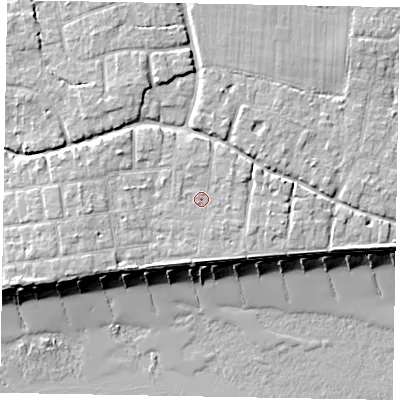 Shaded relief map of the ground around PO227LG, computed from Environment Agency LiDAR. The ground here sits at about 6 m above sea level and falls 9 m across the surrounding 800 m. Surface water reaching this point runs off ground lying to the west-north-west, 1.7 m higher.