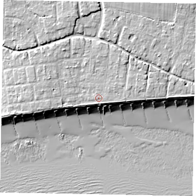 Shaded relief map of the ground around PO227LH, computed from Environment Agency LiDAR. The ground here sits at about 6 m above sea level and falls 9 m across the surrounding 800 m. Surface water reaching this point runs off ground lying to the east-north-east, 1.4 m higher.