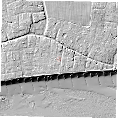 Shaded relief map of the ground around PO227LJ, computed from Environment Agency LiDAR. The ground here sits at about 6 m above sea level and falls 9 m across the surrounding 800 m. Surface water reaching this point runs off ground lying to the east-south-east, 1.0 m higher.