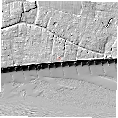 Shaded relief map of the ground around PO227LL, computed from Environment Agency LiDAR. The ground here sits at about 6 m above sea level and falls 9 m across the surrounding 800 m. Surface water reaching this point runs off ground lying to the north-east, 0.7 m higher.