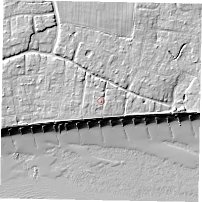 Shaded relief map of the ground around PO227LN, computed from Environment Agency LiDAR. The ground here sits at about 6 m above sea level and falls 9 m across the surrounding 800 m. Surface water reaching this point runs off ground lying to the west-north-west, 0.8 m higher.