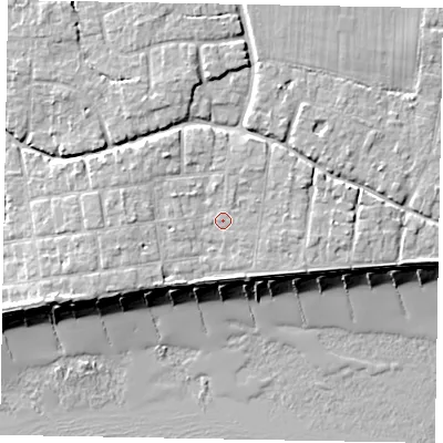 Shaded relief map of the ground around PO227LQ, computed from Environment Agency LiDAR. The ground here sits at about 5 m above sea level and falls 9 m across the surrounding 800 m. Surface water reaching this point runs off ground lying to the north-west, 1.7 m higher.
