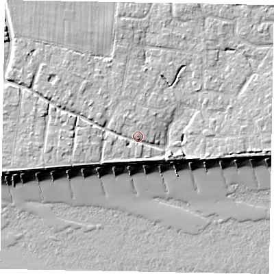 Shaded relief map of the ground around PO227LR, computed from Environment Agency LiDAR. The ground here sits at about 6 m above sea level and falls 9 m across the surrounding 800 m. Surface water reaching this point runs off ground lying to the west-north-west, 3.9 m higher.