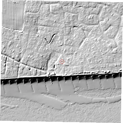 Shaded relief map of the ground around PO227ND, computed from Environment Agency LiDAR. The ground here sits at about 5 m above sea level and falls 9 m across the surrounding 800 m. Surface water reaching this point runs off ground lying to the east-south-east, 2.6 m higher.