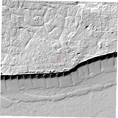 Shaded relief map of the ground around PO227NE, computed from Environment Agency LiDAR. The ground here sits at about 5 m above sea level and falls 10 m across the surrounding 800 m. Surface water reaching this point runs off ground lying to the south-west, 0.6 m higher.