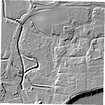 Shaded relief map of the ground around PO227NR, computed from Environment Agency LiDAR. The ground here sits at about 2 m above sea level and falls 8 m across the surrounding 800 m. Surface water reaching this point runs off ground lying to the east-south-east, 4.7 m higher.